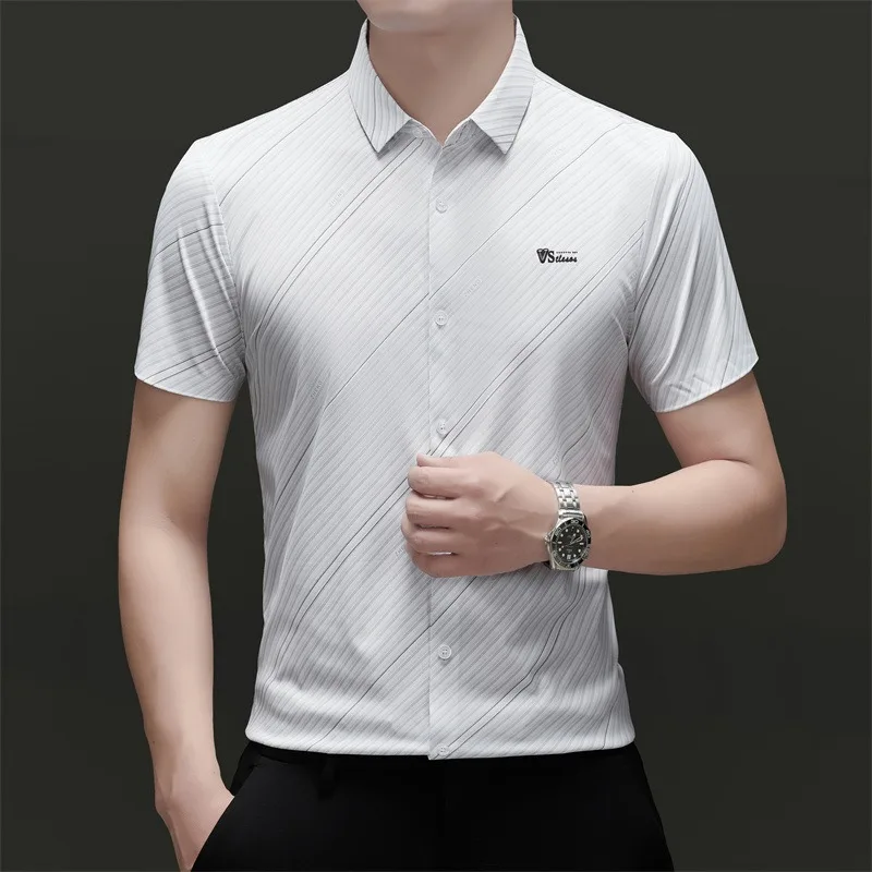 High End Mulberry Silk Shirts for Man Seamless Non-iron Anti-wrinkle Diagonal Stripe Tops Luxurious White Shirt Quality Clothing