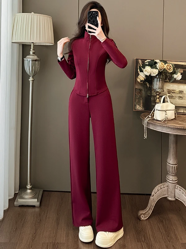 

Красный повседневный спортивный костюм для женщин: облегающие леггинсы с эффектом коррекции талии, комплект из двух предметов, весенняя мода, большие размеры, длинный рукав, молния.