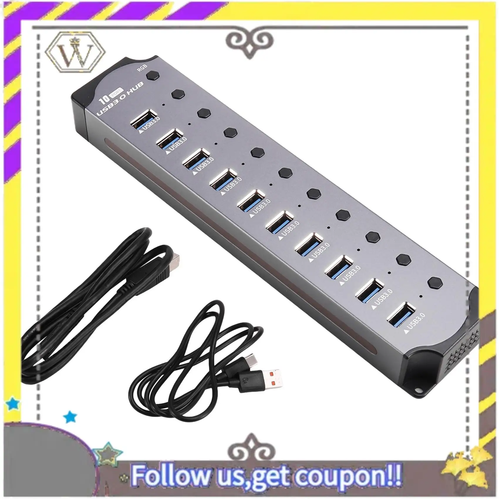 AU33-10 In 1 Powered USB HUB 10 Ports USB Adapter USB Splitter USB 3.0 Interface Individual Switch RGB E-Marker Heat Design