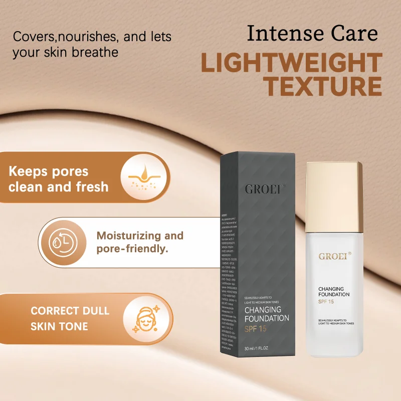 GROEI Changing Foundation FPS 15 - 30ml Maquiagem adaptativa de cor, combina automaticamente seu tom de pele, cobertura leve para manchas e vermelhidão