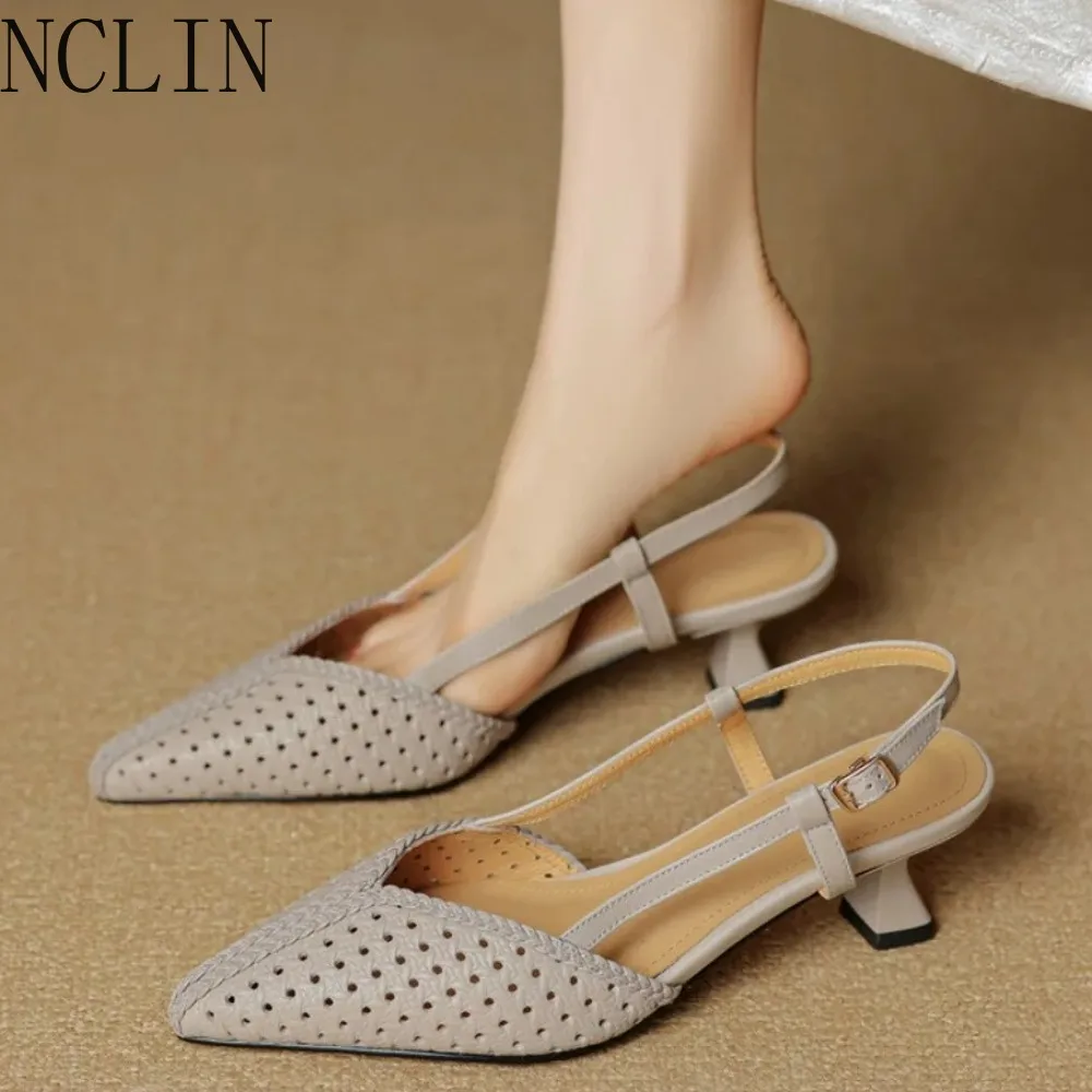 2026 New French Style Beige Slingback Sandals Women Pointed Toe Mid Heel Cutout Elegant Summer Shoes (Beige)