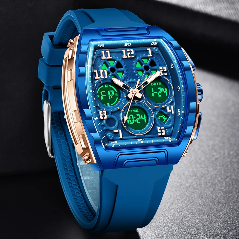 LIGE 2026 New Fashion Mens Watch FOXBOX Luxury Dual Display Quartz Wristwatches 30M Waterproof Luminous Watches Men Gifts Reloj