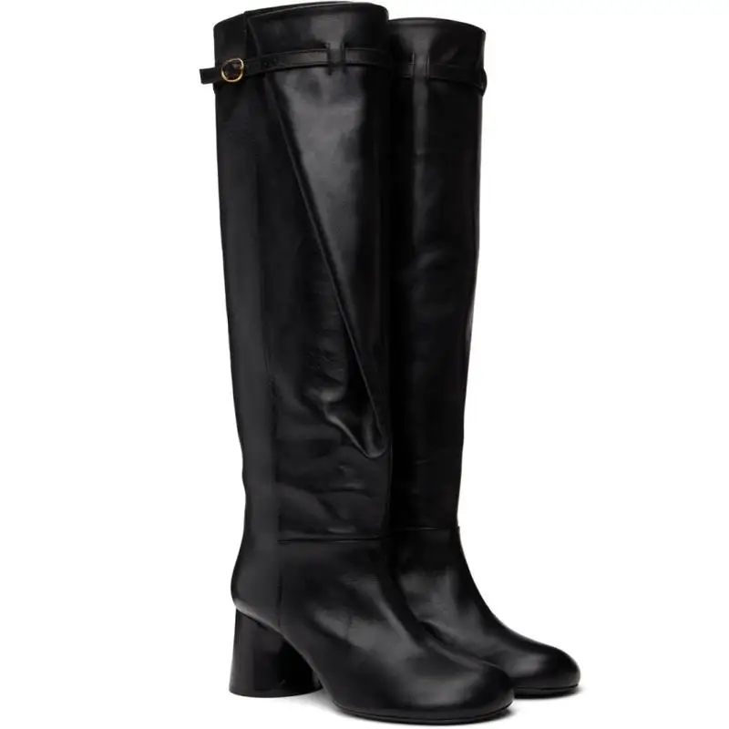 

Женские черные кожаные сапоги выше колена с боковой пряжкой и блочным каблуком, гладкий дизайн для элегантных повседневных вечерних модных выступлений