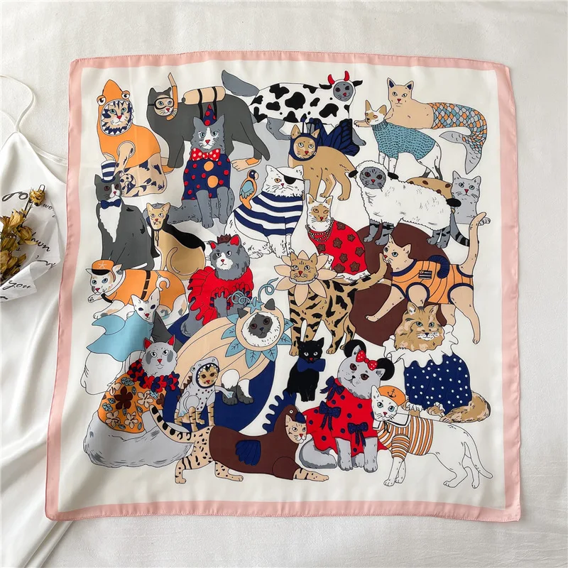 Cartoon Cat Square Imitation Silk Scarf Spring and Summer Head Wrap For Women Multifunction  Neckerchief