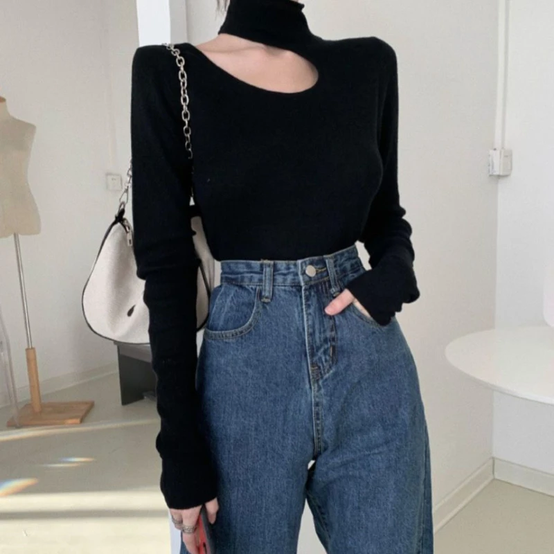Hollow Out Velvet Long Sleeve T-shirts Women Solid Turtleneck Skinny Tops Ropa Mujer Sexy Autumn Irregular Design High Street