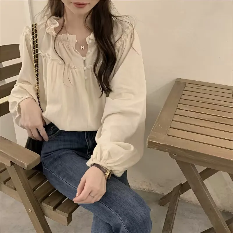 Blusa Crema con Cuello con Volantes para Mujer, Camisa de Manga Larga con Botones, Estilo Vintage Casual para Uso Diario y de Oficina
