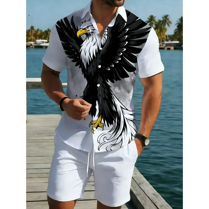 Herren-Set mit Weißem Adler-Print: Hemd und Shorts, 2-teilig …
