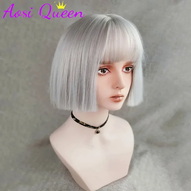 Una peluca sintética AOSI con flequillo, pelo corto liso para mujer, Cosplay, fiesta de Lolita, peluca Natural resistente al calor, fibra de cabello para uso diario