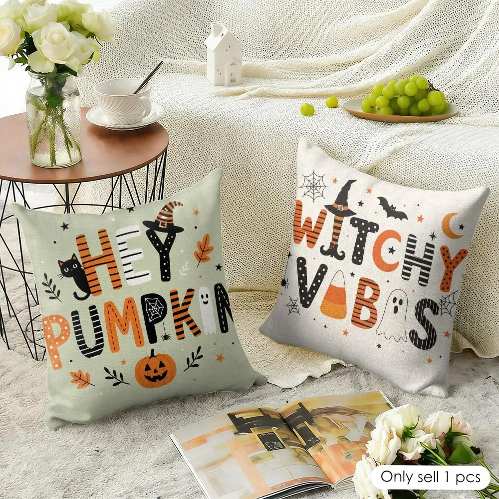 Halloween Typography Art Design Cushion Cover Linen Throw Soft Decorative  for Bed Sofa Car Home Decor Pillowcase 45x45cm