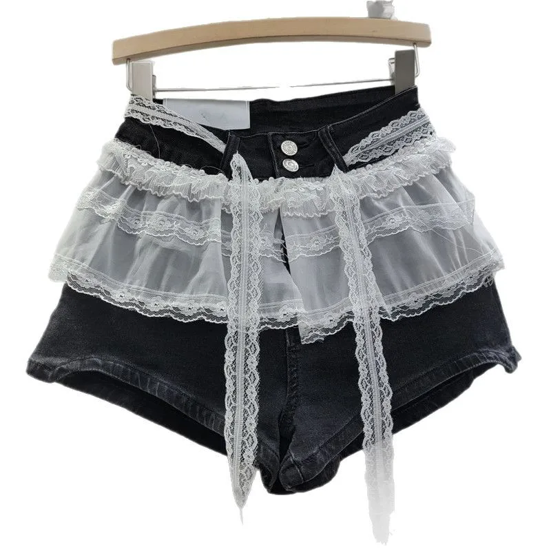 High Waist Splicing Lace Denim Shorts Women's Jeans Shorts Spring and Summer 2025 New Thin Wide-leg A-line Shorts Girl Hot Pants