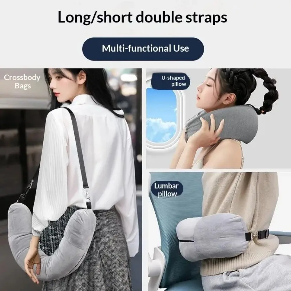 Portable Travel Neck Pillow Fillable Solid Color U Shaped Pillowcase with Strap Crystal Fleece Storage Bag Pillow