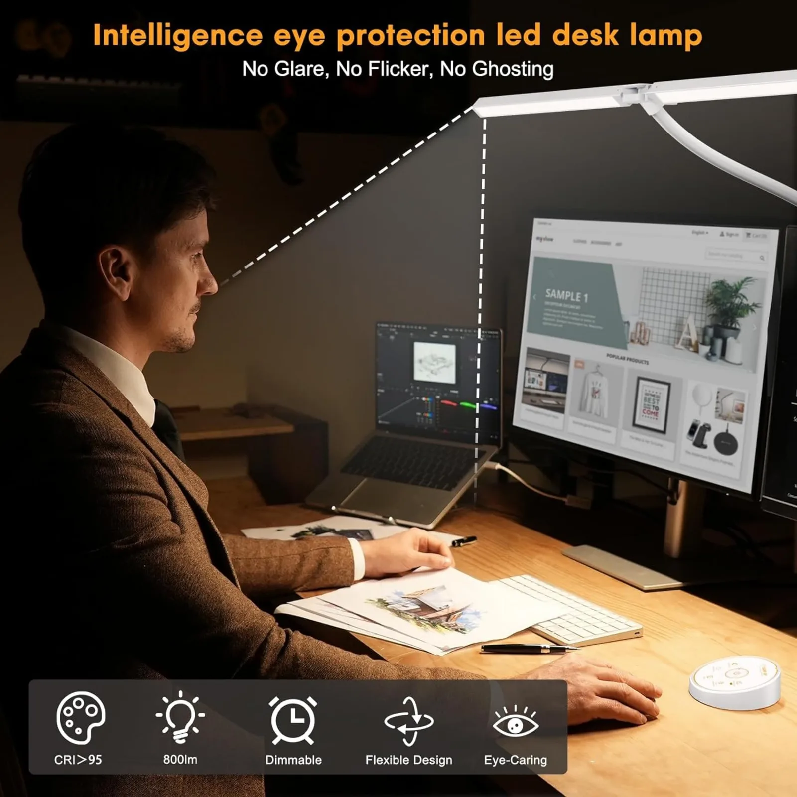 

US Led Desk Lamp for Office Home - Eye Caring Architect lamp with Clamp,Dual Screen Computer Monitor Gooseneck Smart Light: 24W