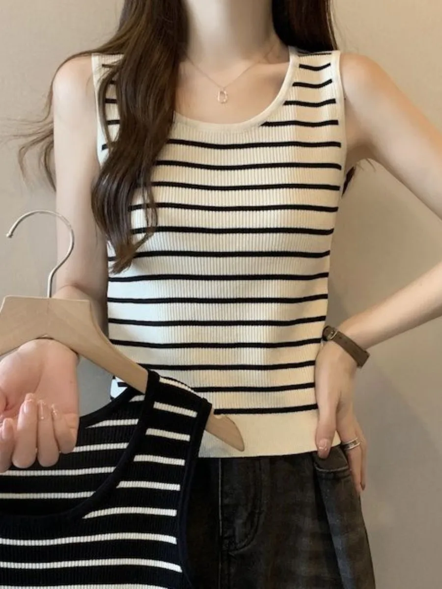 ice-silk-knitted-vest-strapl-svel-women's-spring-summer-slimming-two-piece-set-top-bot-ensemble-casual-wear