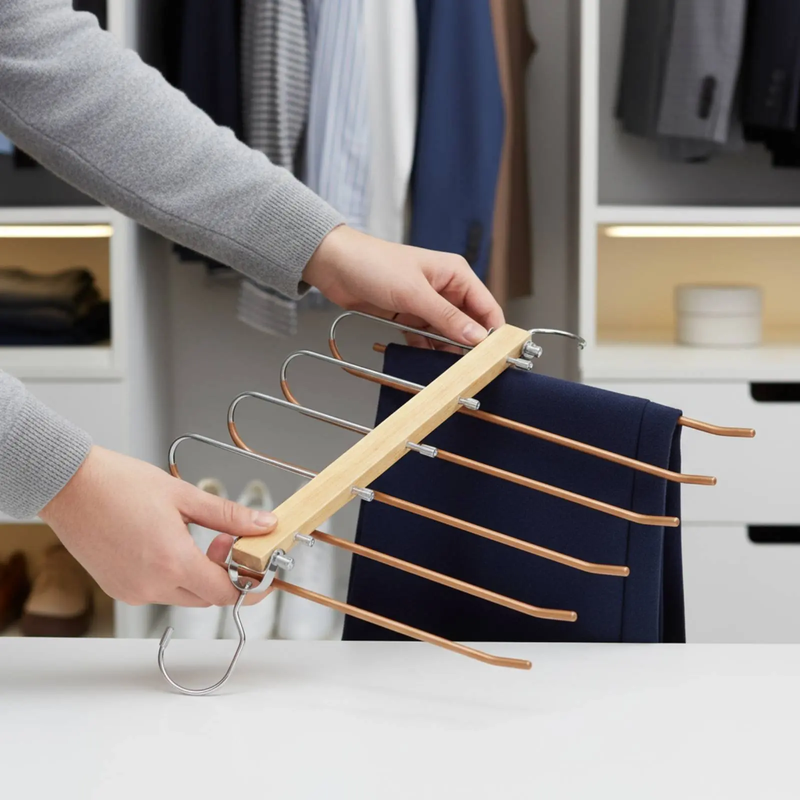 

Folding Pants Hanger Space Saving Multi-Layer Trouser Hanger Pant Rack Sturdy Rotatable Hooks for Wardrobe