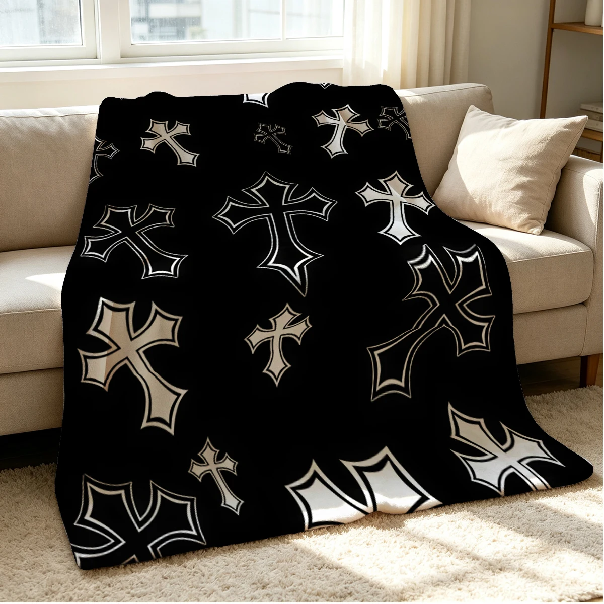 Gothic Cross Flannel Blanket Warm Soft Halloween Christmas Couch Warm Cozy Decorative Decor Gift for All Season