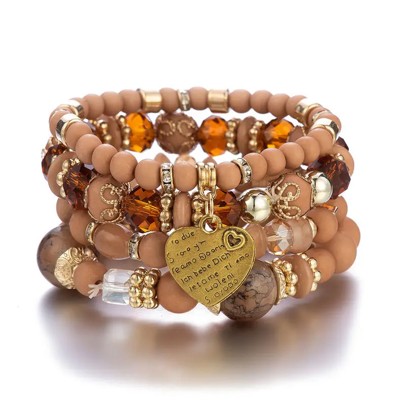 4-teiliges Boho-Armband-Set mit Kristallperlen und Kettendesign für Damen, Vintage-Herzanhänger, elastisches Armband, modischer Party-Schmuck für Frauen – Detail 2