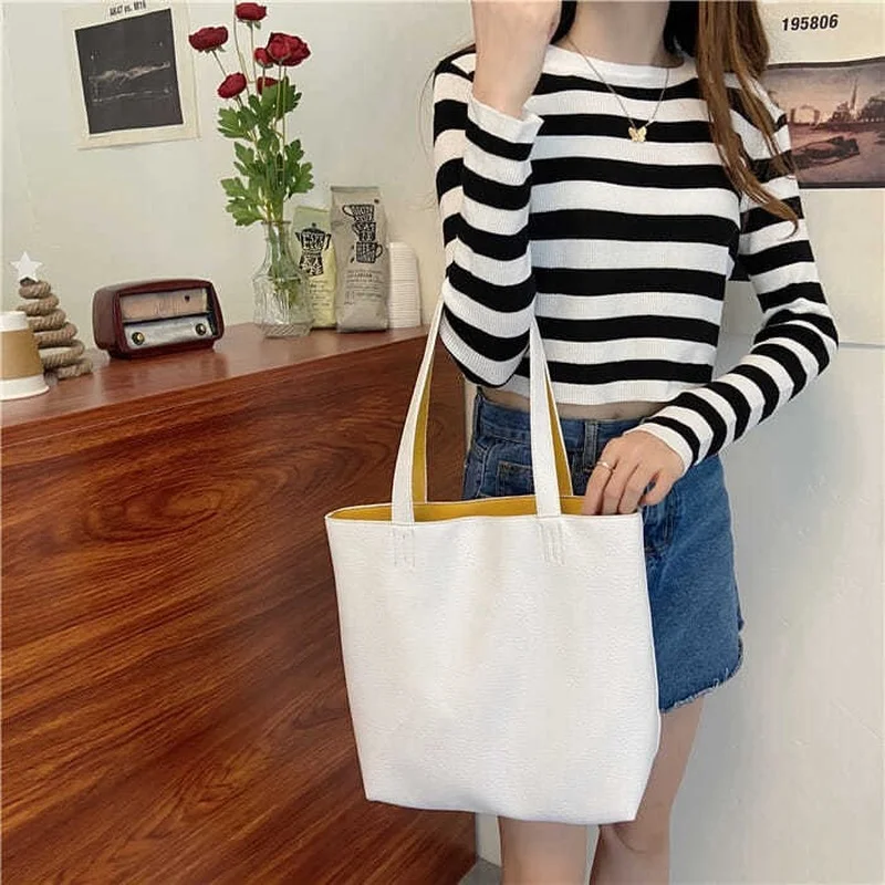 Tote Bag Women\'s 2022 New Large-capacity Soft Leather Double Sided Design One-shoulder Large Shopping College Girl\'s Bag