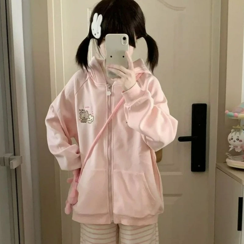 Pink Kawaii Bear Ear Hooded Jacket Coat Women Harajuku Sweet Cartoon Print  Hoody Japanese Y2k Aesthetic Zip Pocket Sweatshirts