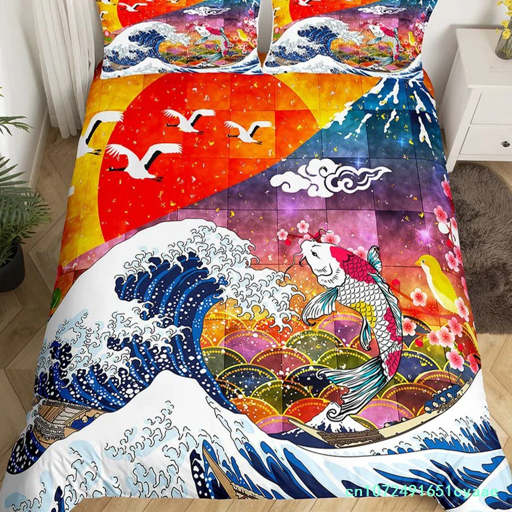 Japanese Ukiyo-e King Queen Duvet Cover Golden Fish Hokusai Bedding Set Crane Wave Quilt Cover Red Sun Polyester Comforter Cover