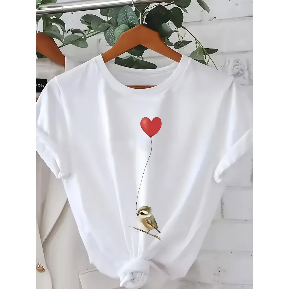 

Women's Large Size Casual T-shirt with Cute Bird and Heart Design - Soft, Elastic, Machine Washable - Perfect for All Seasons