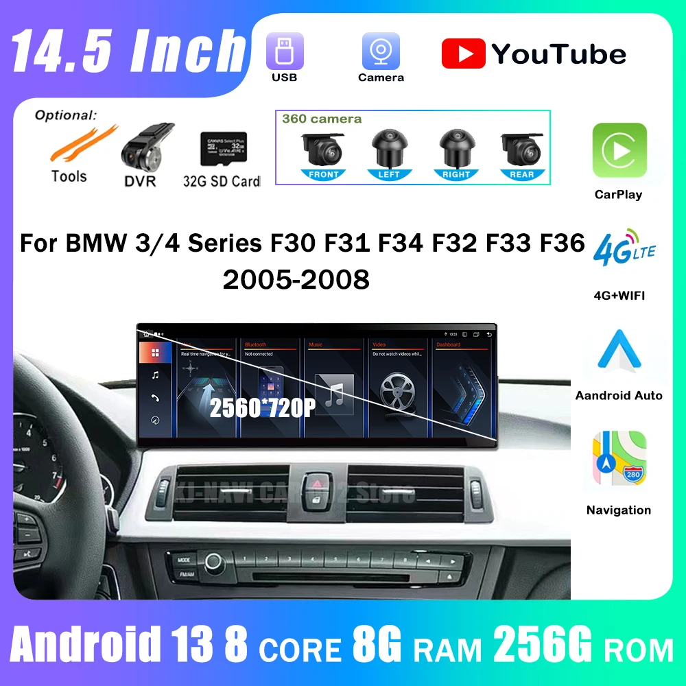 

14.5'' Android 13 For BMW 3/4 Series F30 F31 F34 F32 F33 F36 QLED 2560*720P CarPlay Stereo Player Radio Multimedia Navigation