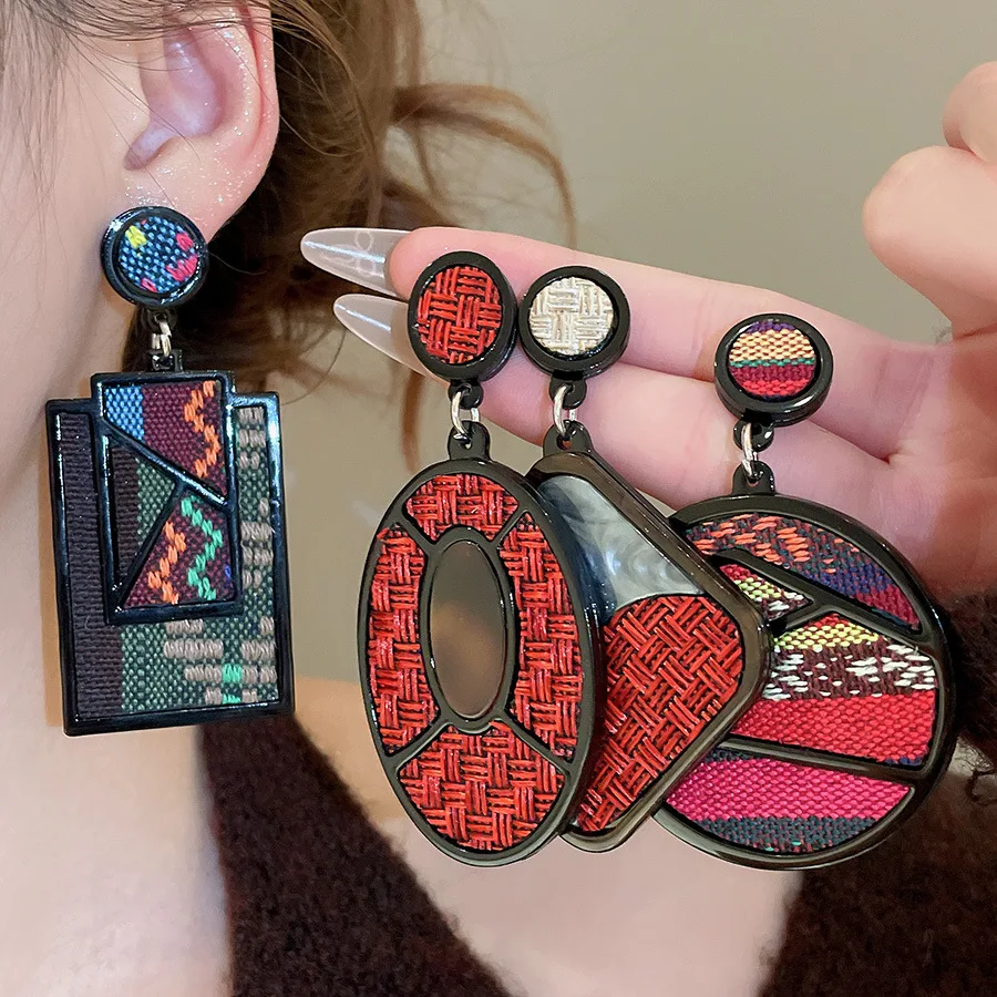 

4 Styles Bohemian Colorful Geometric Acrylic Pendant Earrings for Women Creative Big Square Oval Cloth Hanging Decor Jewelry