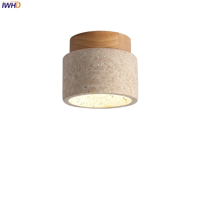 

IWHD Yellow Travertine LED Ceiling Light Fixtures Aisle Hallway Balcony Round Wood Stone Nordic Modern Ceiling Lamp Plafondlamp