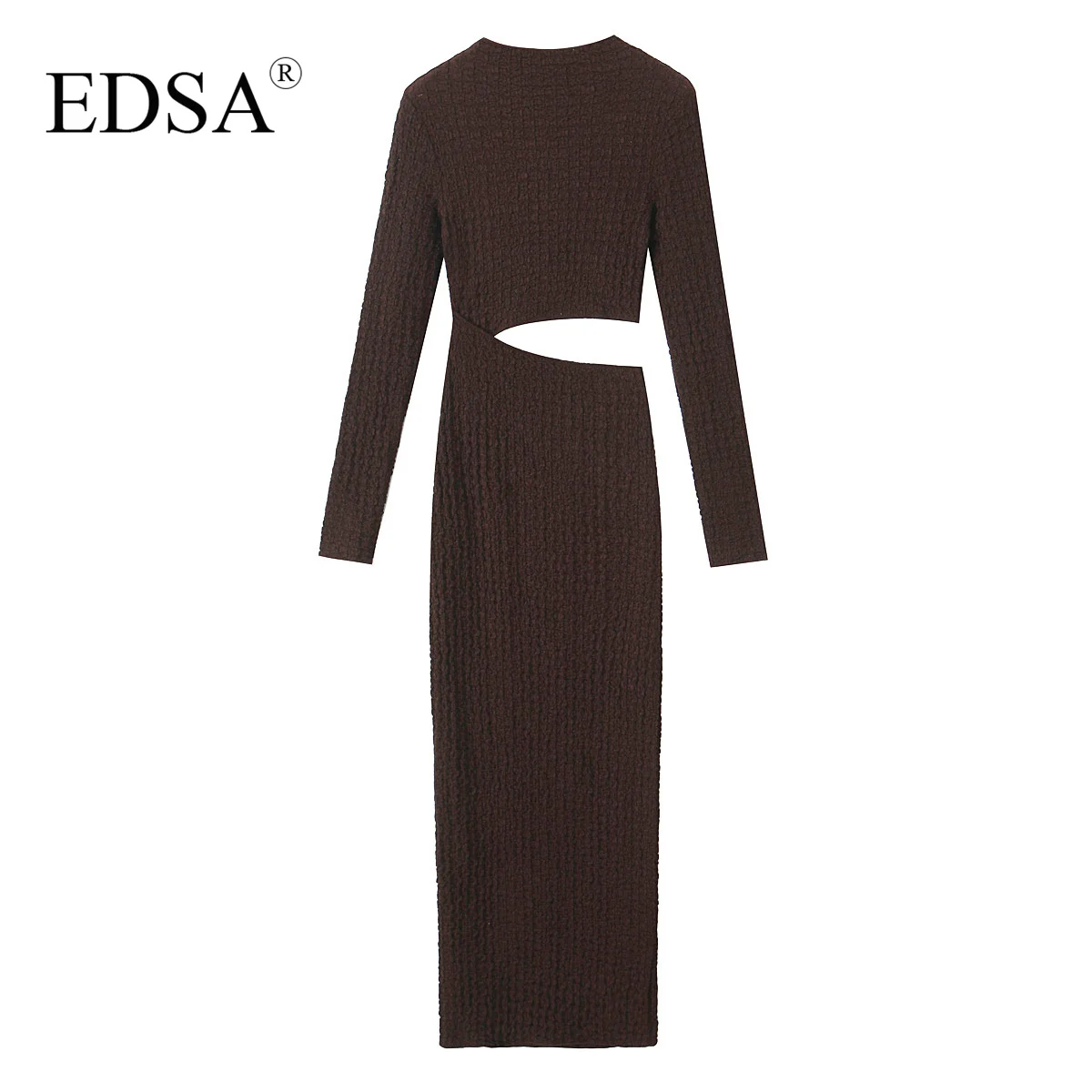 EDSA Women Textured Cut-out Midi Dress High Waist Long Sleeves Hollow Out Elegant Female Long Dresses