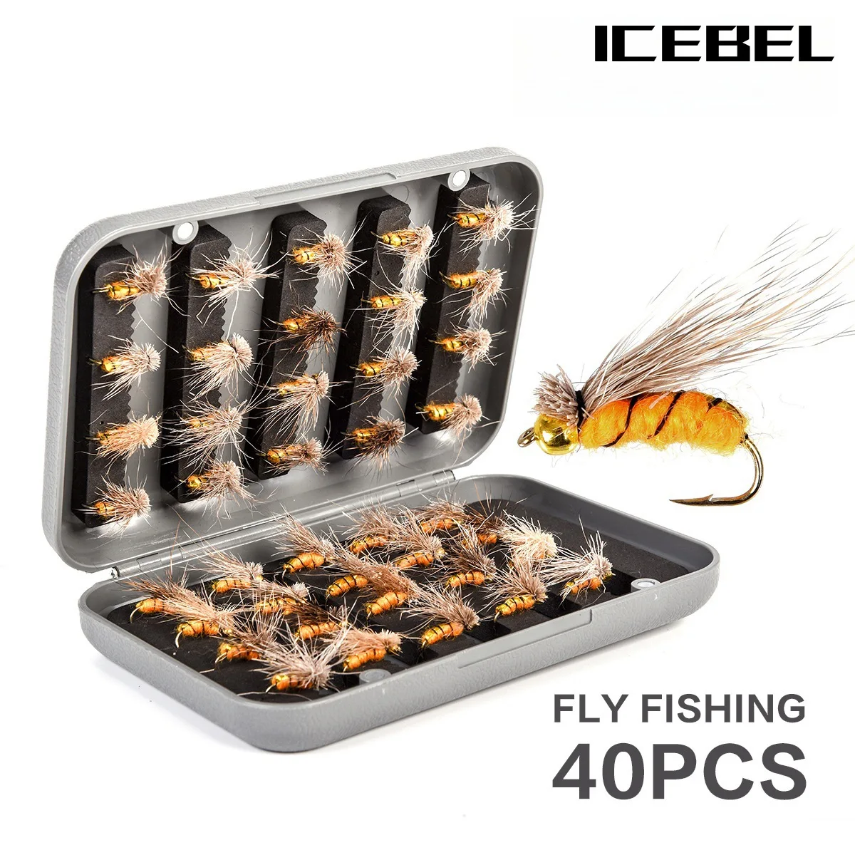 icebel-箱入りフライフィッシングフックキット、大型ハックルバイオミメティック昆虫ルアー-40-個、トラウト用の事前に詰め込まれたフライタイイング餌