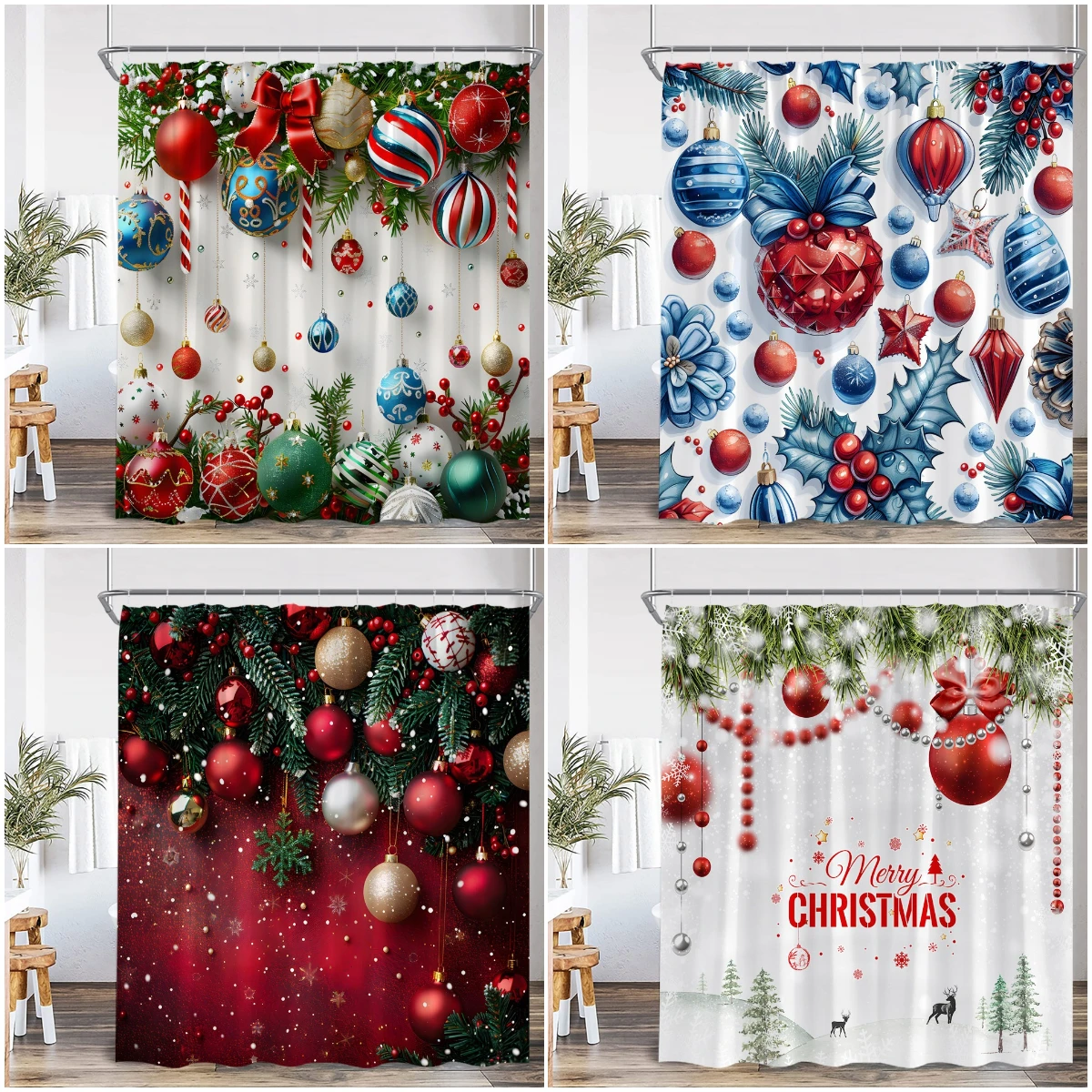 Weihnachts-Duschvorhang, rot, silbrig, Kugel, Weihnachtskugeln, Schneeflocke, Kiefernblätter, frohe Weihnachten, Winter, Polyester, Badvorhang, Deko