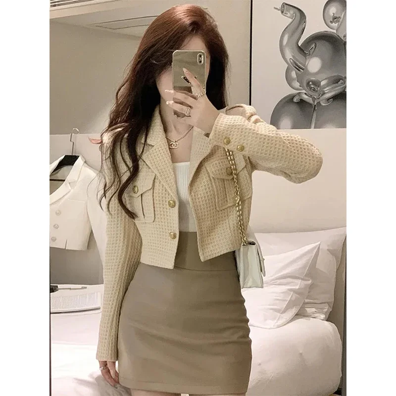 Cropped Jackets Women Elegant Basic Blazer Coats Office Lady Korean Autumn Long Sleeve Slim Simple All Match Outwear New