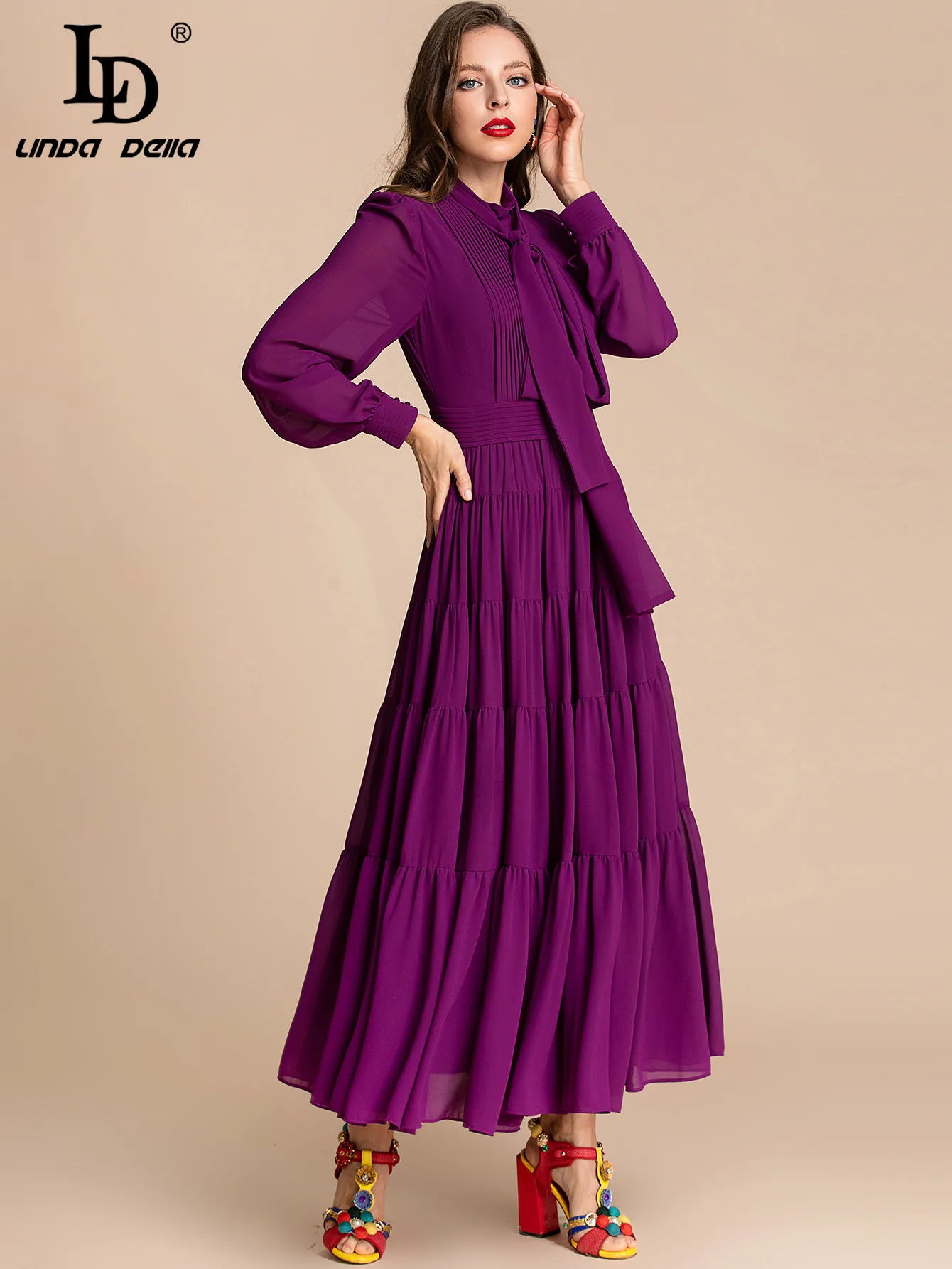 LD LINDA DELLA Fashion Runway Autumn Maxi Dress Women Bow tie Long sleeve Purple Elegant Long Party Dress Vestidos