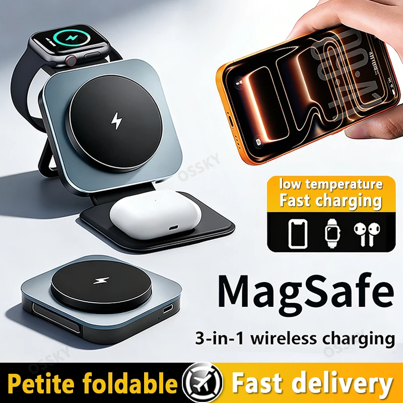 

Новое складное магнитное беспроводное зарядное устройство 3-в-1 с держателем для телефона для iPhone 17 16 15 14 Pro Max, Apple Watch 8 9, быстрая зарядка
