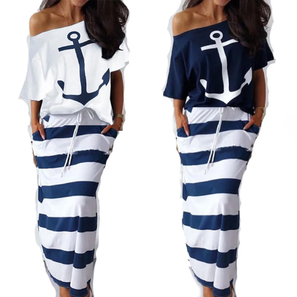 

Navy Style Casual Anchor Print Short Sleeve T-Shirt And Skirt Set