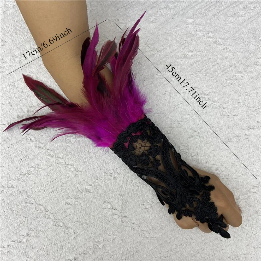 Mesh Gloves Women Halloween Lolita Cosplay Y2k Feather Cuffs Fingerless Mittens Lace Black Long Rave Accessories Feather Dance