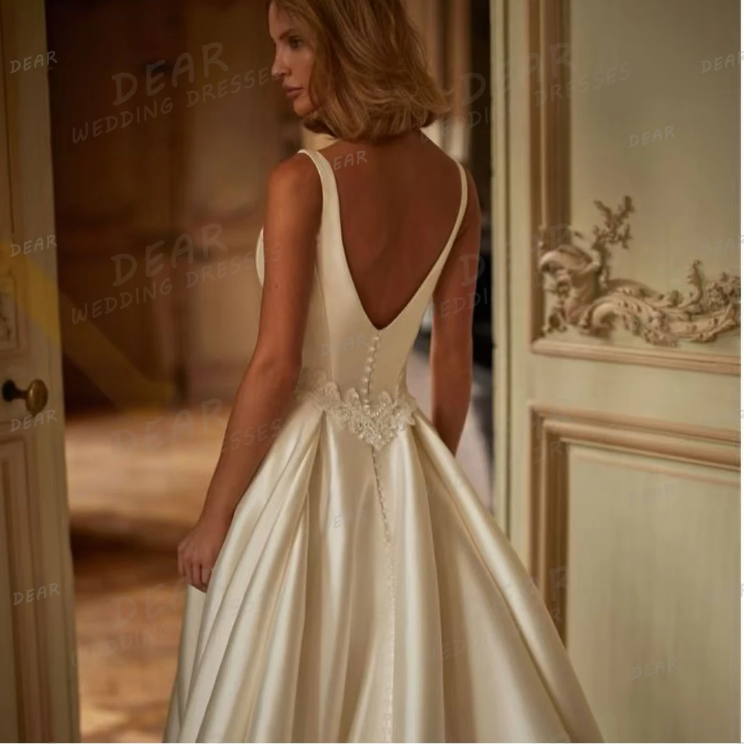 Abiti da sposa semplici Una linea da donna Sexy scollo a V Appliques Abiti da sposa senza schienale Raso Elegante Abiti formali De Noche 2025