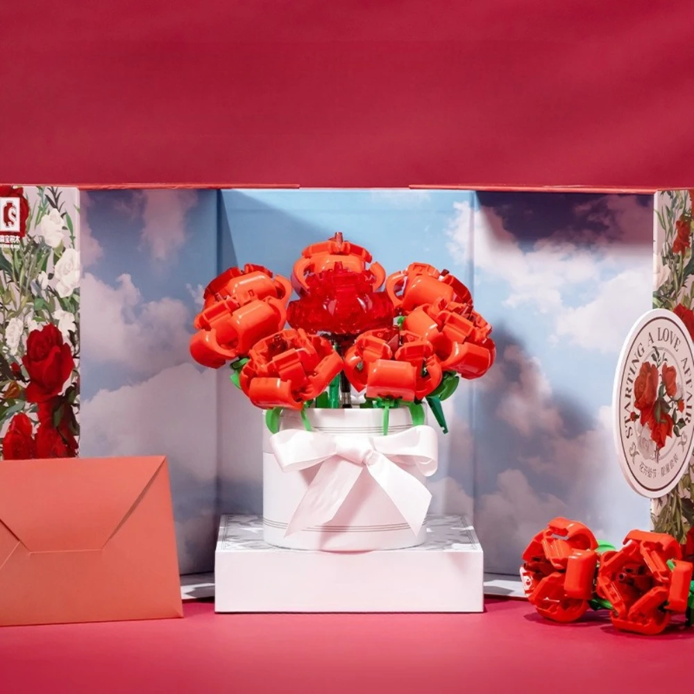 MOC الأبدية الورد الأحمر باقة الزفاف اللبنات مجموعة رومانسية الحب زهرة بوعاء النبات لعبة الأطفال هدية عيد الحب #5