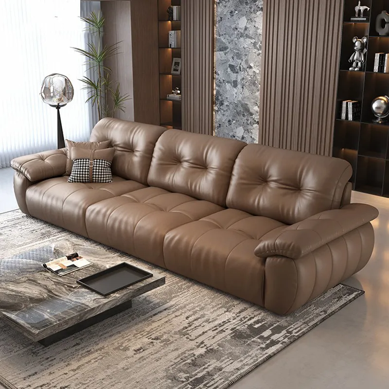 Italian minimalist cloud man leather sofa living room light luxury modern style home straight row first layer cowhide sofa