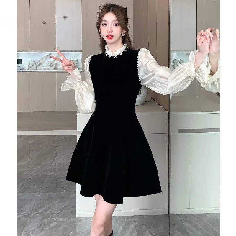 

Women's Retro Christmas Mini Dress, Patchwork Black, Vintage Velvet Party Dresses, Elegant Beading Princess, Long Sleeve, Autumn