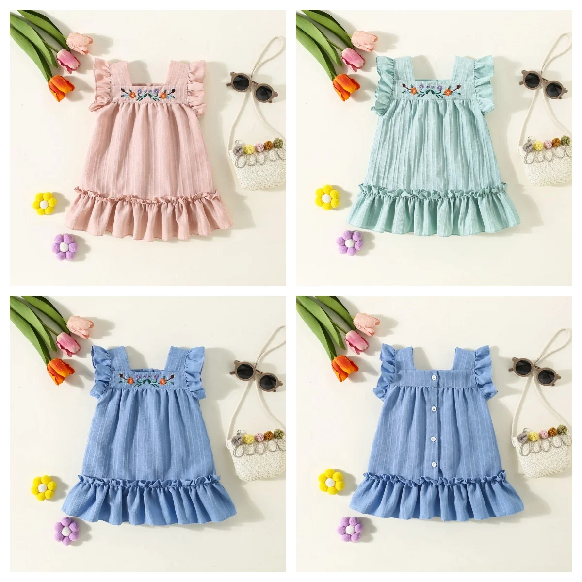 

Детские платья, летнее хлопковое однотонное платье без рукавов с цветочной вышивкой для маленьких девочек, милая повседневная пляжная одежда для девочек