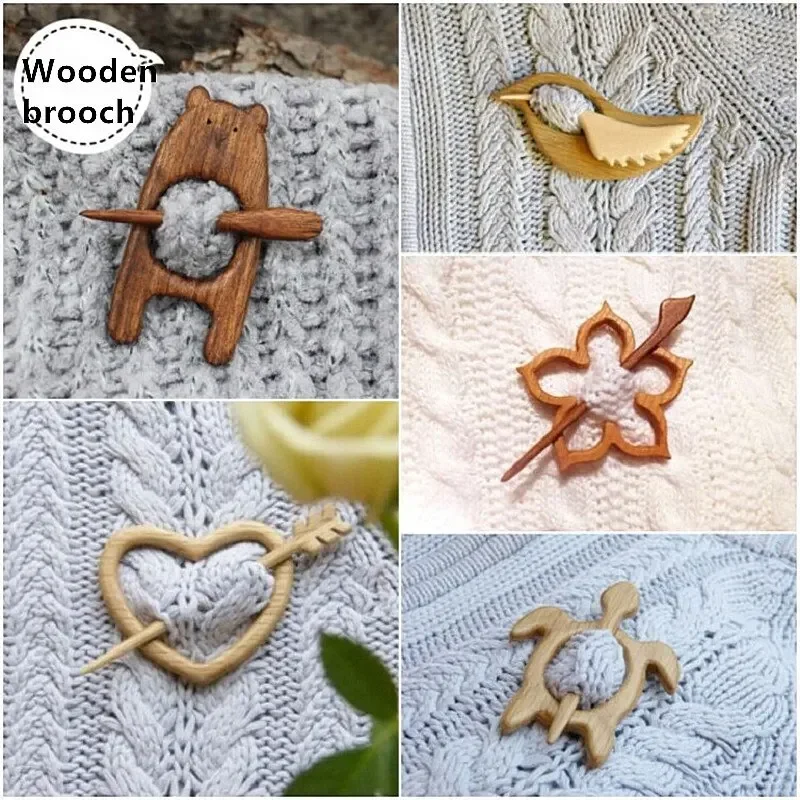 Brooch Pin with Wooden Animal Pattern Diy Craft Badge Cartoon Pin Funny Cute Shawl Pin Scarf Buckle Clasp Pins Jewelry Gift 2024