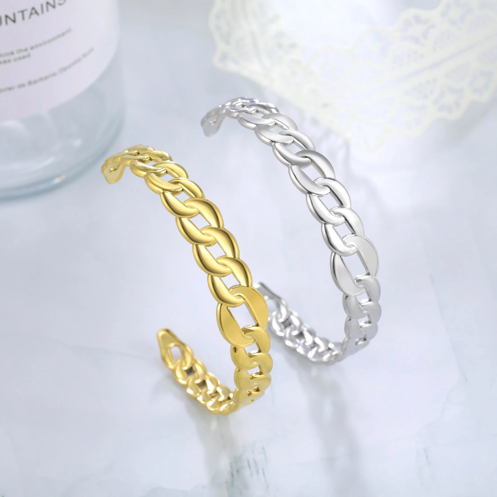 Skyrim Stainless Steel Geometric Chain Cuff Bracelet Women Adjustable Open Gold Color Bangle 2024 Fashion Party Jewelry Gift