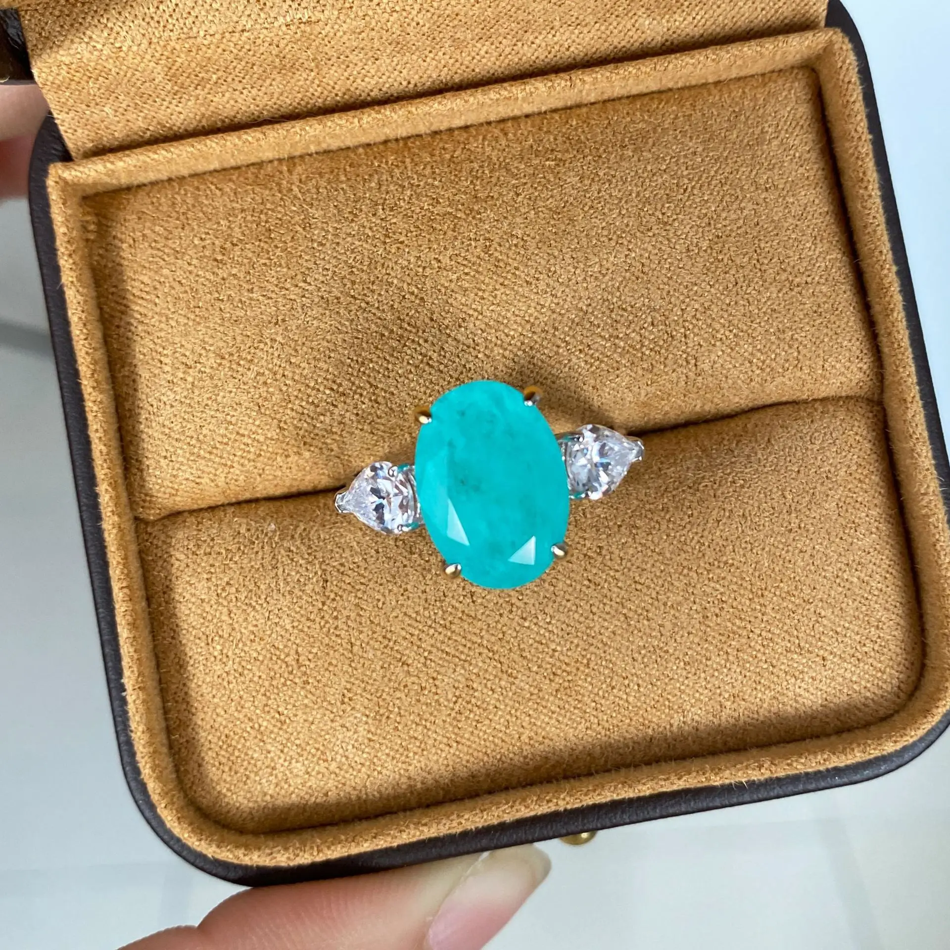 New Hot Selling S925 Silver Blue-green Paraiba 10 * 14 Ring Silver European and American Egg Shaped 5-carat Wedding Jewelry