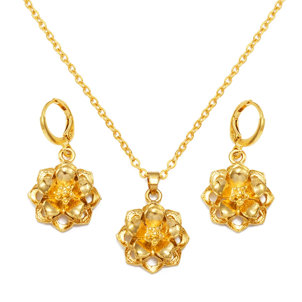 Anniyo Gold Plated Flower Sets Necklaces Earrings for Woman Girls African Ethiopian Party Jewelry Middle East Arab Dubai #172716