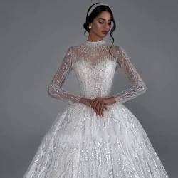 Luxury Ball Gown Wedding Dress High V Neck Long SleeveBridal Gowns Tailor Made Lace Appliques Beaded Womens Clothing