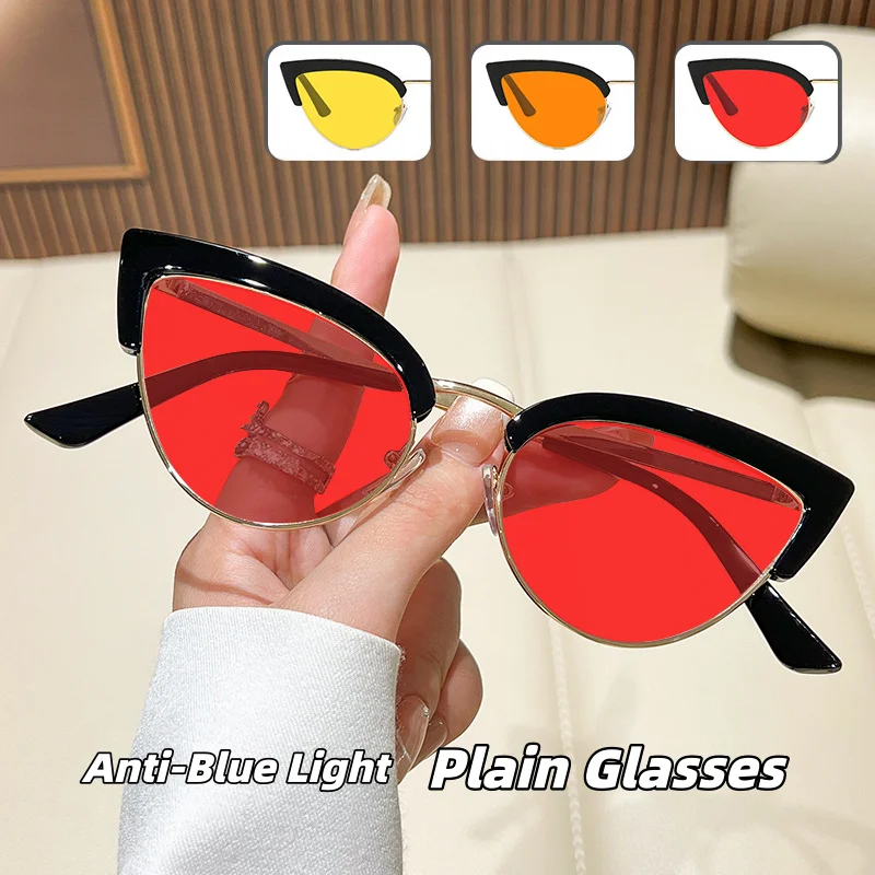

Men's and Women's Fashion Cat-Eye Night Vision Plain Glasses Orange-Red Lenses Metal Half-Frame Anti-blue Light Glasses Goggles
