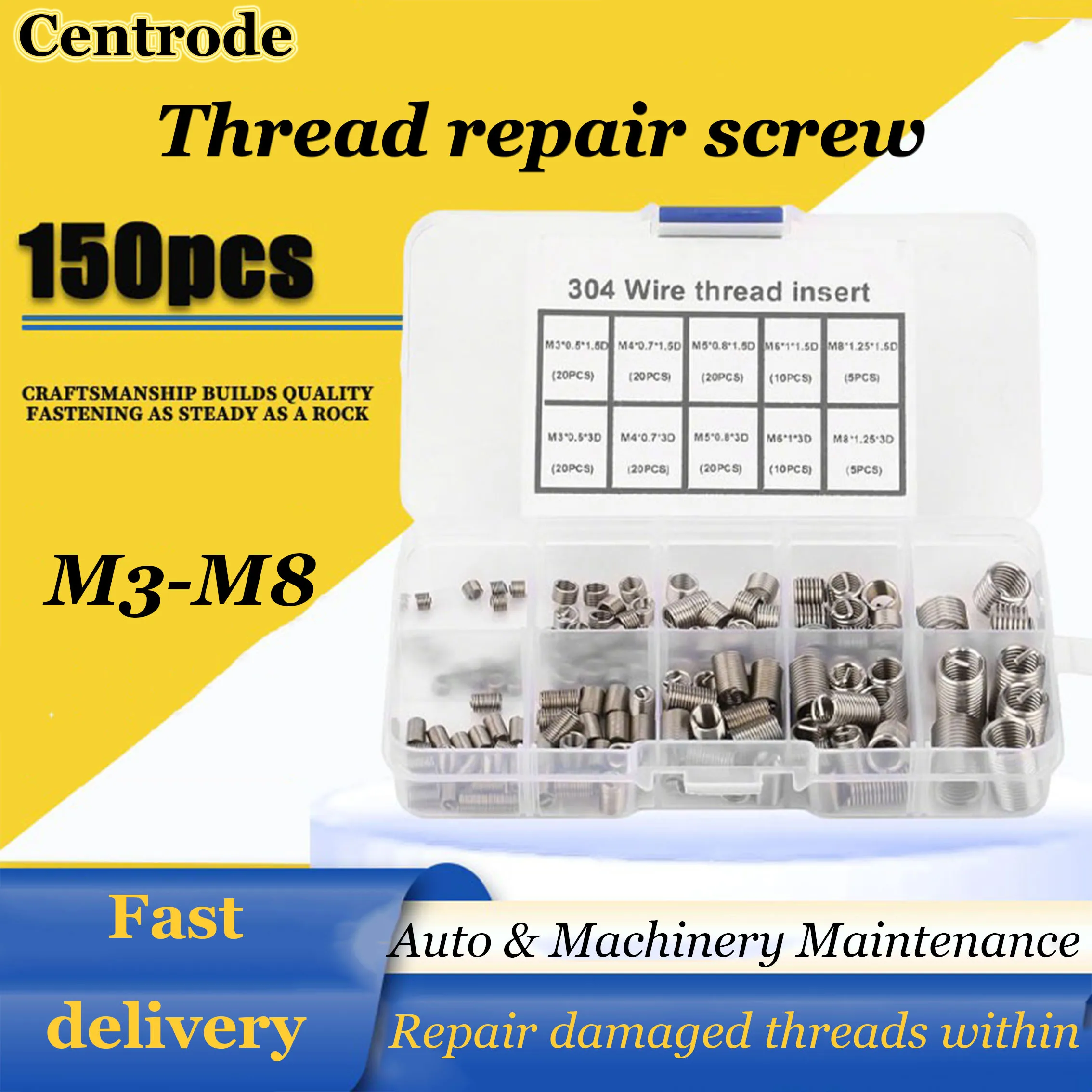 304Stainless Steel Thread Insert Spiral Thread Repair Kit Screw Metric Helicoil Type Automotive Repairs Nuts Screw Sleeve