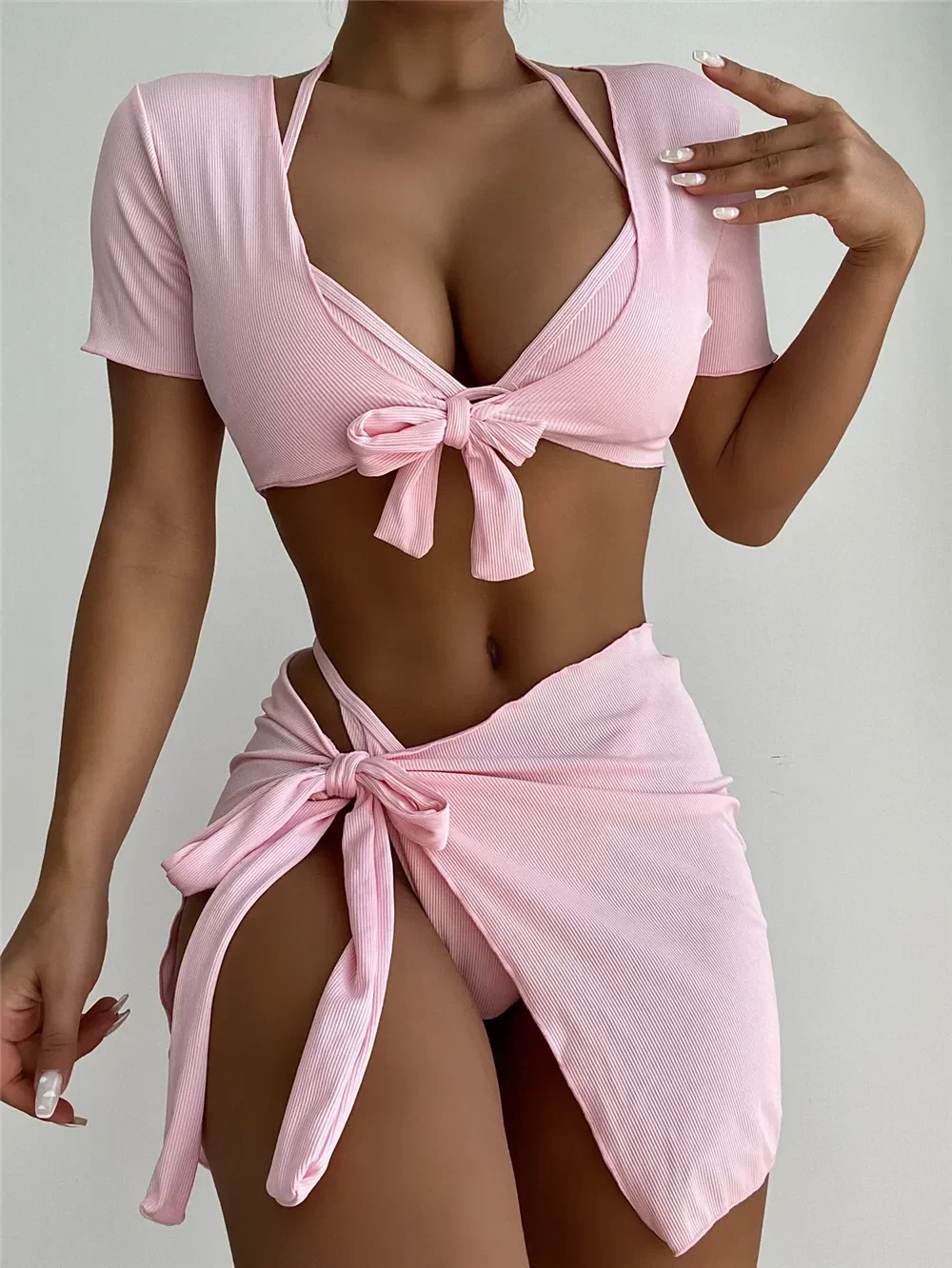 Rosa com nervuras roupa de banho colheita topos cover-up 4 peça conjunto biquinis feminino maiôs corda halter triângulo micro biquíni tanga beach wear