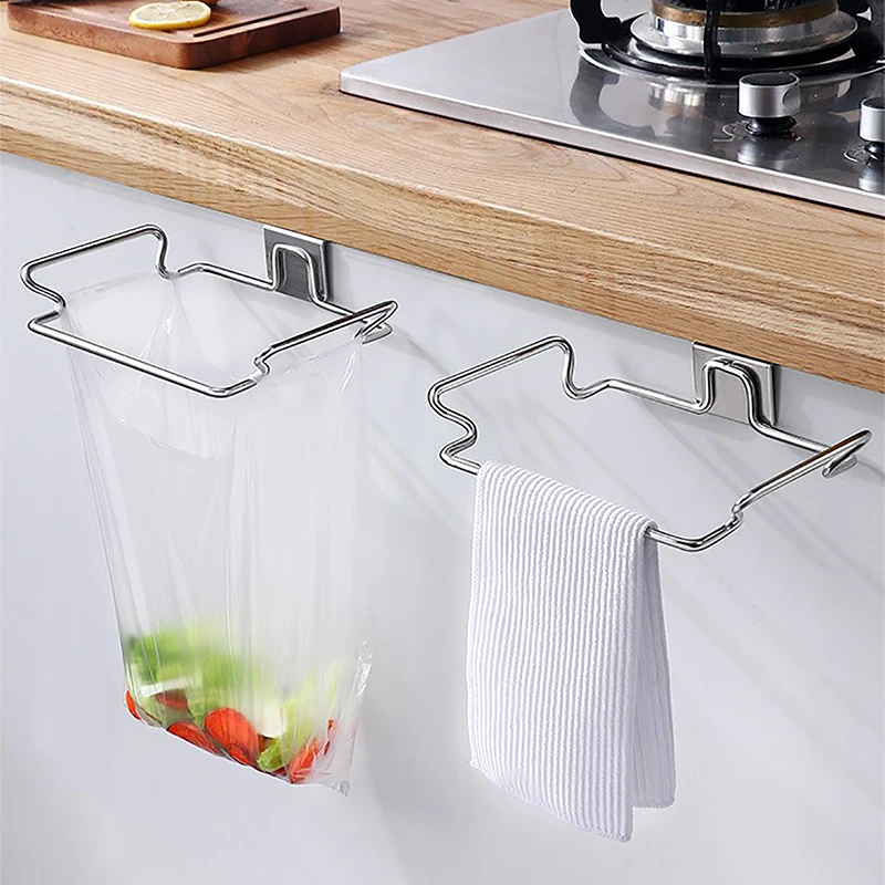 Stainless Steel Kitchen Trash Rack Cabinet Door Garbage Bags Holder Closet Garbage Storage Holder Towel Hanging Organizer