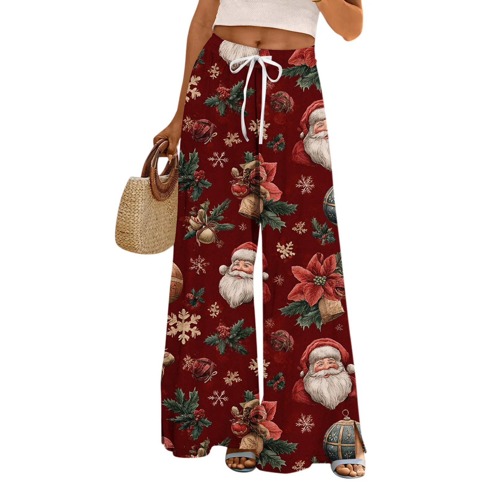 Codzienne spodnie damskie, luźne i swobodne spodnie z szerokimi nogawkami z świątecznym nadrukiem, z elastycznym pasem, sznurkiem i kieszeniami.